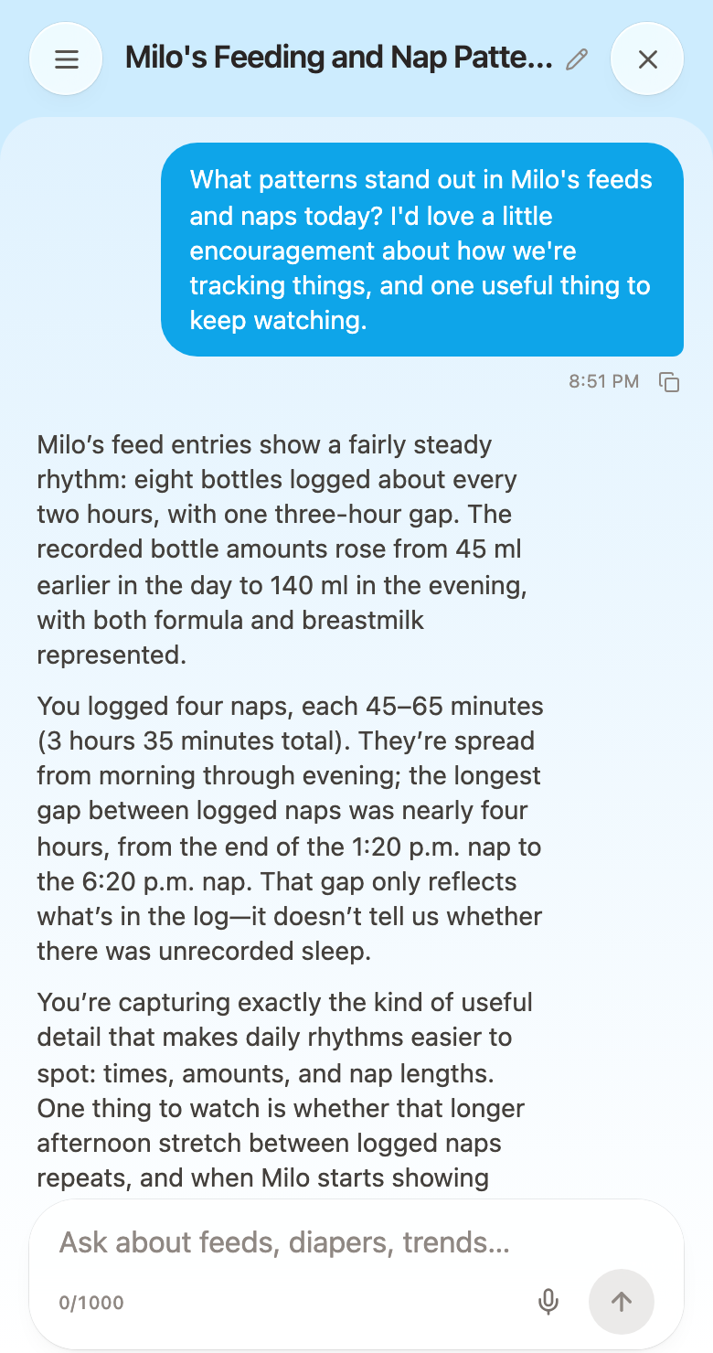 A BabyLogIQ chat comparing the example day's feeding and sleep records.
