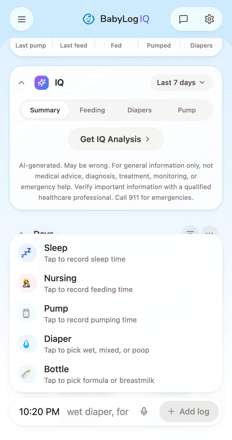 BabyLogIQ's care-type picker for adding a new log to the example day.