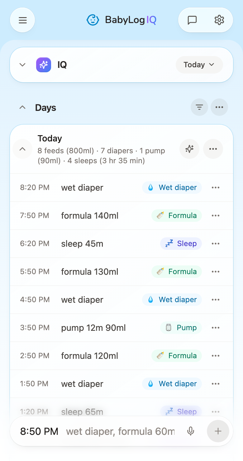 BabyLogIQ's day card with example feeding, sleep, pumping, and diaper entries.